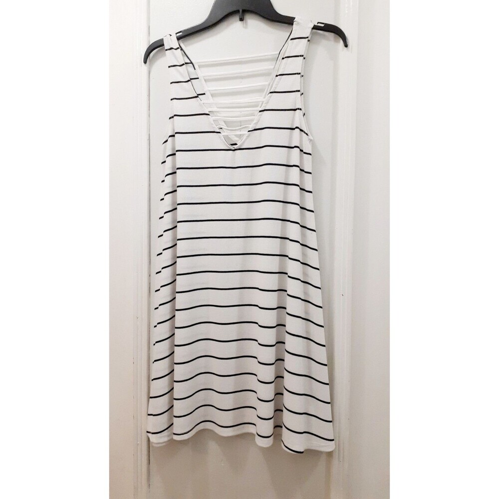 Socialite Swing Tank Dress SZ Med Serena White Blk Striped Ribbed Strappy V-Neck
